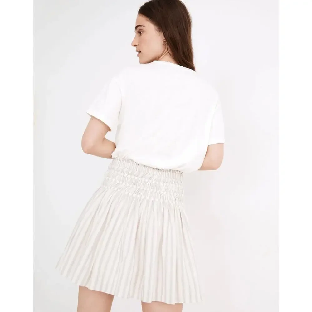 Madewell Smocked Linen Pull-On Mini Flared Flowing Skirt in Cool Fog Stripe